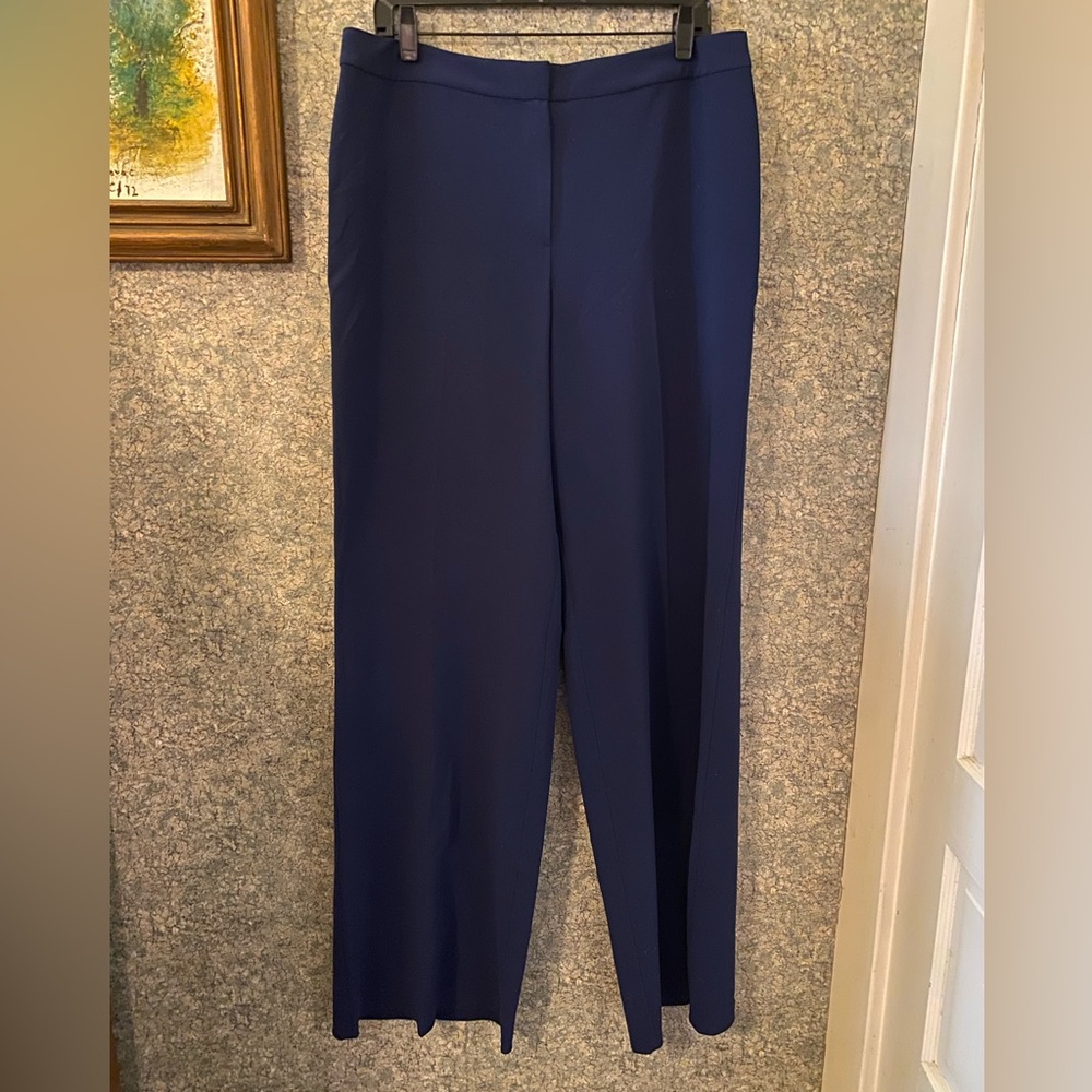 NWT St John Diana marine Navy blue crepe trousers flat front straight leg 14